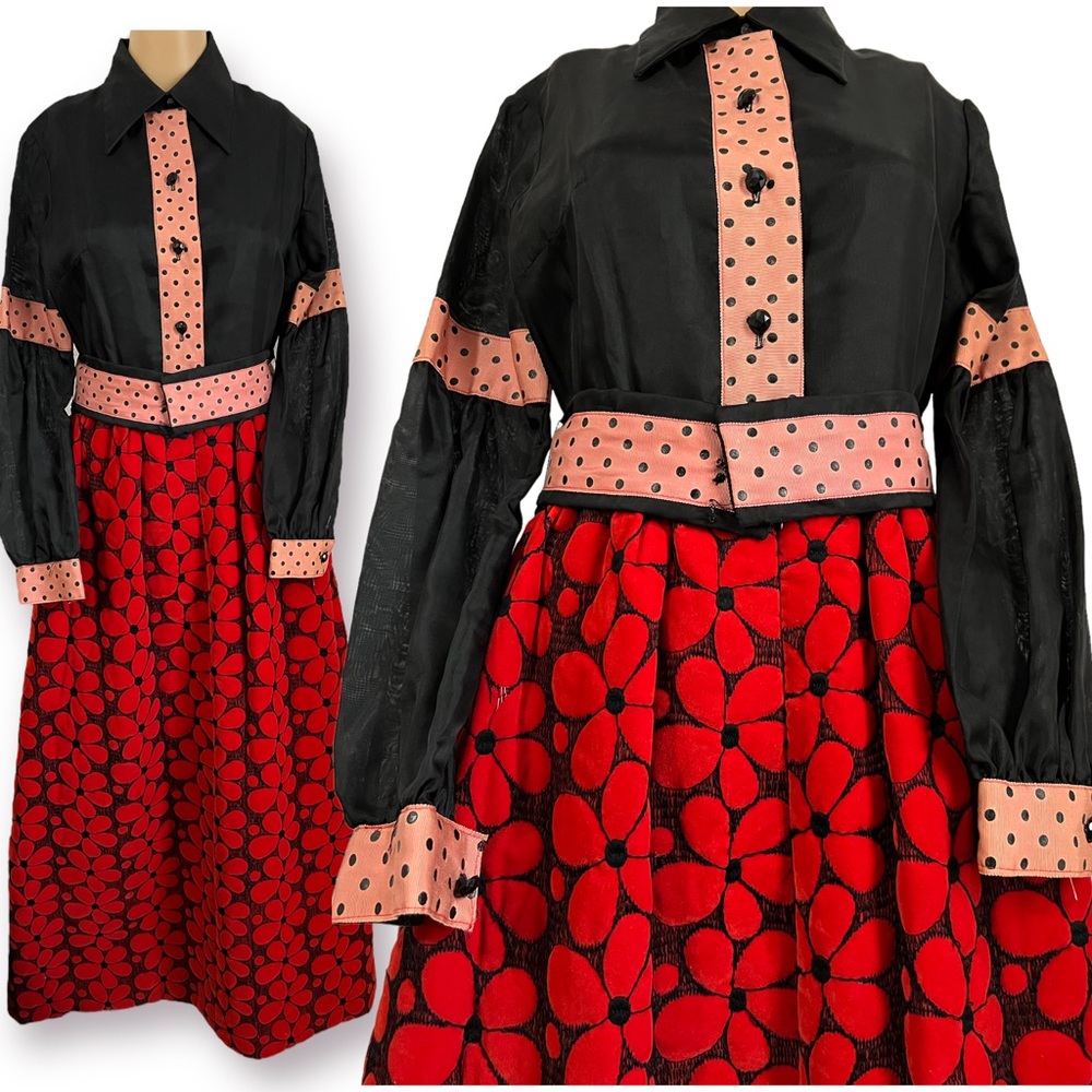 VINTAGE | 1970s Howard Wolf Large Red Floral Skirt Dots Belted Collar Dress S M - Picture 3 of 7